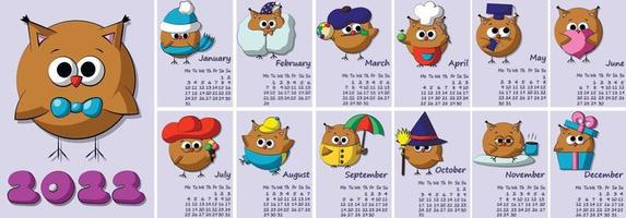 kalender voor 2022 met cartoon schattige uil. vectorillustratie in kleur vector