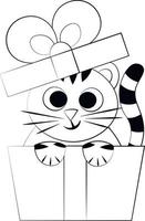 schattige cartoon tijger in geschenkdoos. illustratie in zwart-wit tekenen vector