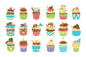 set van schattige vector cupcakes en muffins collections.clip art, symbool pictogrammen. dessert taart bakkerij. heerlijk en smakelijk.
