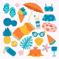 vintage set van schattige zomer iconen element collecties, eten, drinken, palmbladeren, fruit en flamingo. heldere zomerposter. verzameling scrapbooking-elementen voor strandfeest. vector