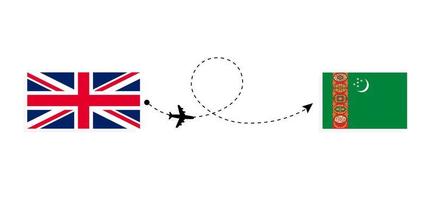 vlucht en reis van het Verenigd Koninkrijk van Groot-Brittannië naar Turkmenistan per reisconcept voor passagiersvliegtuigen vector