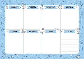 winterweekplanner met doodle-elementen. sjabloon met plaats voor notities. vectorillustratie om af te drukken, op kantoor, op school vector