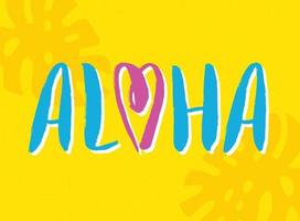 tropische print met belettering aloha. schattige vectorillustratie op gele achtergrond. met de hand getekend typografisch ontwerpkunstwerk vector