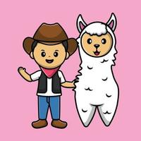 schattige cowboy met lama alpaca cartoon vector pictogram illustratie. mensen dier pictogram concept geïsoleerd premium vector