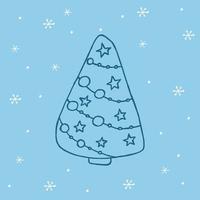 een handgetekende kerstboom. vectorillustratie in doodle stijl. winterse stemming. hallo 2023. prettige kerstdagen en gelukkig nieuwjaar. donkerblauw element met witte sneeuwvlokken op een blauwe achtergrond. vector