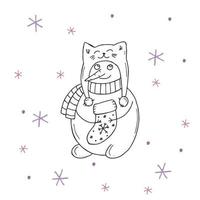 schattige sneeuwpop met paarse en roze sneeuwvlokken op een witte achtergrond. vectorillustratie in doodle stijl. winterse stemming. hallo 2023. prettige kerstdagen en gelukkig nieuwjaar. vector