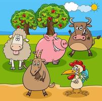 tekenfilm boerderijdieren groep in de wei vector