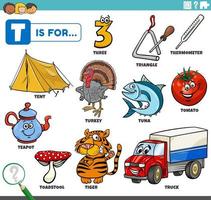 letter t woorden educatieve set met stripfiguren vector