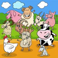 cartoon boerderijdieren karakters groep op het platteland vector