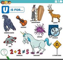 letter u woorden educatieve set met stripfiguren vector