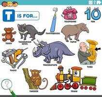 letter t woorden educatieve set met stripfiguren vector