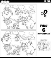verschillen spel met cartoon boerderijdieren kleurboek pagina vector