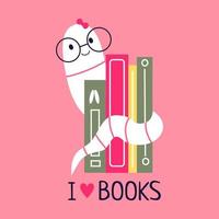 bookworm.handgetekende educatieve vectorillustraties van boekenwurm en boeken. cartoon stijl vector