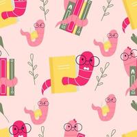 bookworm.handgetekende educatieve naadloze patroon boekenwurm en books.drink koffie en lees boeken. cartoon stijl vector