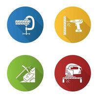 bouw tools platte ontwerp lange schaduw glyph pictogram. schroefklem, draagbare schroevendraaier, houweel, elektrische decoupeerzaag. vector silhouet illustratie