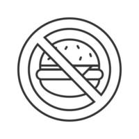 verboden bord met hamburger lineaire pictogram. geen fastfoodverbod. gezonde voeding. dunne lijn illustratie. niet eten. stop contour symbool. vector geïsoleerde overzichtstekening