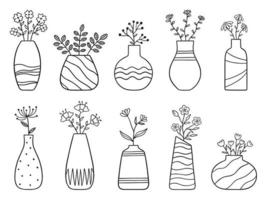 handgetekende set bloemen en takken in een vaas. tekening. huisplanten in schetsstijl. vectorillustratie geïsoleerd op een witte achtergrond. vector