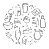 hand getekende set melk en zuivelproducten doodle. boerderij eten. kaas, boter, yoghurt, melk, ijs, kwark in schetsstijl. vectorillustratie geïsoleerd op een witte achtergrond. vector