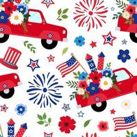 4 juli onafhankelijkheidsdag pick-up truck met bloemen, crackers en sterretjes naadloos patroon. geïsoleerd op een witte achtergrond. Amerikaanse onafhankelijkheidsdag, 4 juli vakantie thema-ontwerp. vector