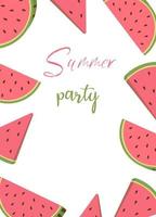 zomer kleurrijke watermeloen segmenten vector illustratie. geïsoleerd op een witte achtergrond. groet en uitnodigingskaart ontwerp.