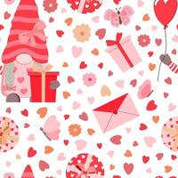 cartoon romantische valentijn dag gnome meisje met ballon, geschenkdozen, enveloppen naadloos patroon. geïsoleerd op een witte achtergrond. feestelijk ontwerp. vector