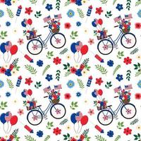 4 juli patriottische bloemen blauwe fiets met Amerikaanse vlaggen en ballonnen naadloos patroon. geïsoleerd op een witte achtergrond. Amerikaanse onafhankelijkheidsdag thema ontwerp achtergrond. vector