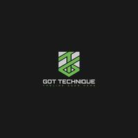 abstracte beginletter g en t-logo in grijze en groene kleur geïsoleerd op zwarte achtergrond toegepast voor technologieservice-logo ook geschikt voor het merk of bedrijf met de oorspronkelijke naam gt of tg vector