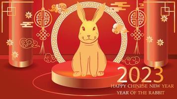 jaar van het gouden konijn 2023, gouden konijn op de rode podiumwolken en kleine bloemen, papier gesneden patroon vector