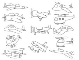 zwarte lijn doodle set schattig vliegtuig. vector