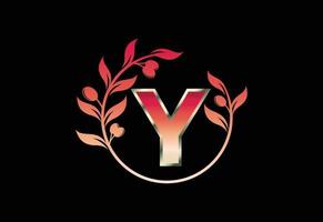 beginletter y-tekensymbool met olijftakkrans, rond bloemenframe gemaakt door de olijftak vector