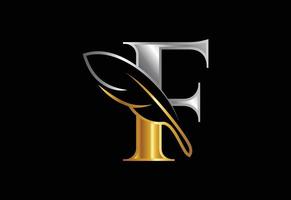 eerste f alfabet met een veer. advocatenkantoor pictogram teken symbool. logo voor een schrijver of uitgever vector
