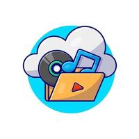 muziek cloud opslag met vinyl, tune en nota van muziek cartoon vector pictogram illustratie. technologie kunst pictogram concept geïsoleerde premium vector. platte cartoonstijl