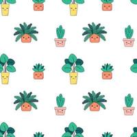 naadloos patroon met schattige vrolijke kamerplanten met gezichten. cartoon kawaii cactussen in bloempotten. bloemenpatroon voor kinderen. vector