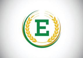 eerste letter e teken symbool met tarwe oren krans. biologische tarwe landbouw logo ontwerpconcept. landbouw logo vector ontwerpsjabloon.