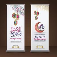 al-isra wal mi'raj profeet mohammed kalligrafie set roll-up banner sjabloon met hand getrokken ka'aba, wassende maan en traditionele lantaarn met decoratieve kleurrijke mozaïek islamitische achtergrond vector