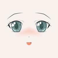 gelukkig anime-gezicht. manga-stijl grote groene ogen, kleine neus en kawaii mond. hand getekende vectorillustratie. geïsoleerd op wit. vector