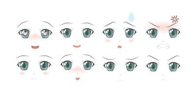 set van vector cartoon anime stijl expressies. animemeisje in het Japans. anime-stijl, getekende vectorillustratie. schetsen.