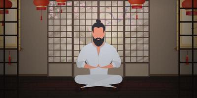 een monnik mediteert in een kamer in Japanse stijl. een samoerai die meditatie of yoga beoefent. cartoon-stijl. vectorillustratie. vector