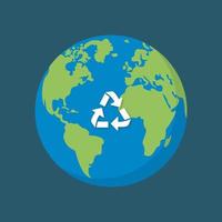 groene wereld cartoon icoon. cirkel wereldbol met driehoek pijl recycle symbool. planeet milieu teken opslaan groene aarde concept. eco wereldwijd recycle teken. beschermde natuur. geïsoleerde vectorillustratie.