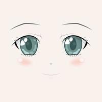 gelukkig anime-gezicht. manga-stijl grote groene ogen, kleine neus en kawaii mond. hand getekende vectorillustratie. geïsoleerd op wit. vector