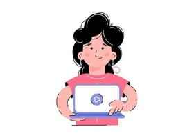 een vrouw houdt een laptop met een video in haar handen. geïsoleerd op een witte achtergrond. trendy platte vectorstijl. vector