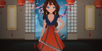 meisje met een katana in een blauwe en rode jurk. anime samurai vrouw in de japanse kamer. vector