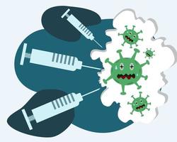 vaccin tegen covid 19, vector cartoon spuit en virus, coronavirus vaccin concept