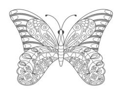 prachtige vlinder in doodle stijl. de handgetekende illustratie kan worden gebruikt voor kleurboeken voor kinderen of volwassenen en voor tatoeages. geïsoleerde afbeelding in zentanglestijl, op een witte achtergrond. vector