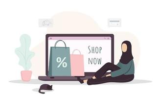 vrouw winkelen. gelukkige arabische meisjeswinkel bij een online winkel. vectorillustratie cartoon geïsoleerd op een witte achtergrond. promotie- en verkoopsjabloon. vector