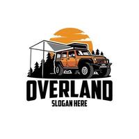 overland camper vrachtwagen in bos vector logo illustratie. beste voor camper en vrachtwagen of buitensport gerelateerd logo