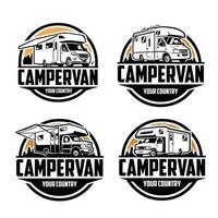 camper logo ontwerp. kant en klare cirkel embleem logo camper rv bundel set sjabloon vector