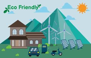natuurvriendelijk huis, hernieuwbare energie, gebruik zonne- en windenergie om elektriciteit op te wekken, concept groene energie eco milieuvriendelijke elektrische voertuigen, inclusief energiebesparing. vector