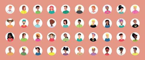 set van 40 omcirkelde avatars met de gezichten van jonge mensen. beeld van verschillende rassen en nationaliteiten, vrouwen en mannen. set gebruikersprofielpictogrammen. ronde badges met gelukkige mensen - vector