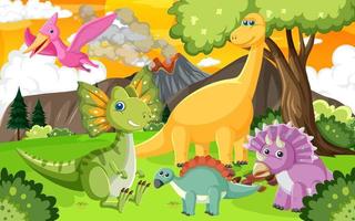 schattige dinosaurusgroep in het bos vector